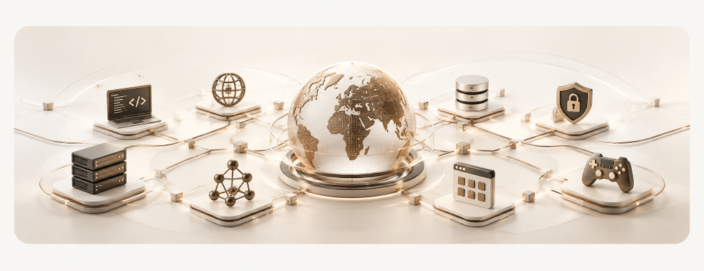 ABINAYA GLOBAL TECHNOLOGIES enterprise technology ecosystem with global network, cloud servers, software engineering, cybersecurity, data infrastructure, and interactive systems